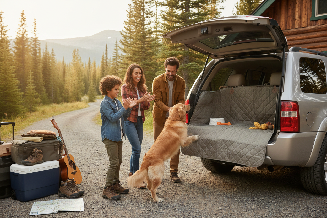Family with dog and car seat cover
